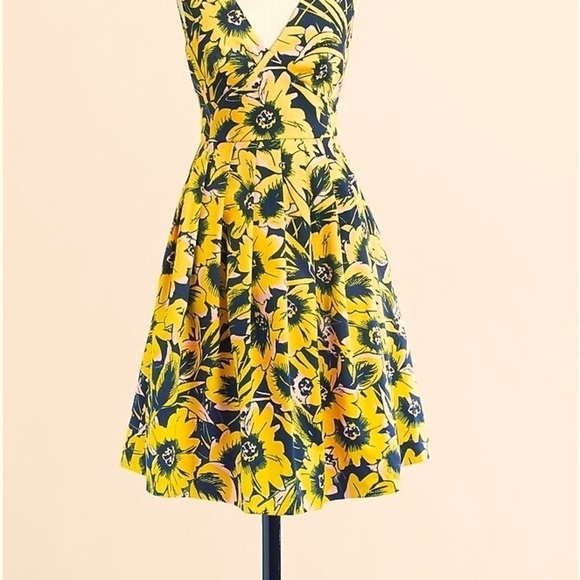 J. Crew Piqué Tailored Dress Double V Neck Navy Floral Yellow Pink Size 6 EUC - Picture 2 of 16